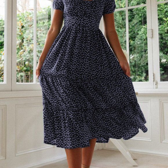 Women's Spring Summer Casual Cute Boho Floral Print Long Midi Dress- Navy Blue - Picture 2 of 4